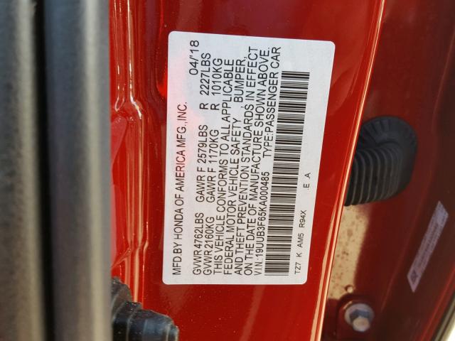 19UUB3F65KA000485 - 2019 ACURA TLX RED photo 10