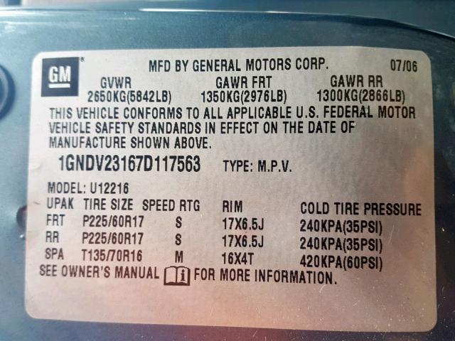 1GNDV23167D117563 - 2007 CHEVROLET UPLANDER L BLUE photo 10