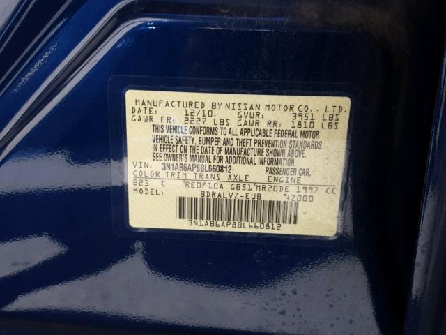 3N1AB6AP8BL660812 - 2011 NISSAN SENTRA 2.0 BLUE photo 10