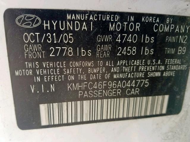 KMHFC46F96A044775 - 2006 HYUNDAI AZERA SE WHITE photo 10