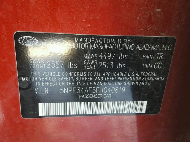 5NPE34AF5FH040819 - 2015 HYUNDAI SONATA SPO RED photo 10