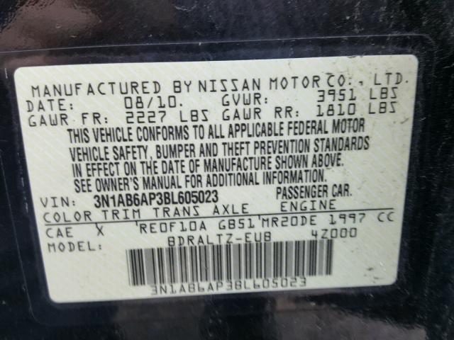 3N1AB6AP3BL605023 - 2011 NISSAN SENTRA 2.0 BLACK photo 10