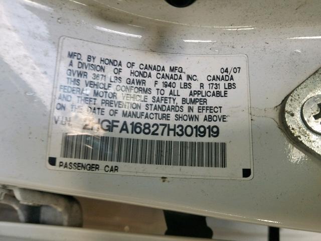 2HGFA16827H301919 - 2007 HONDA CIVIC EX WHITE photo 10