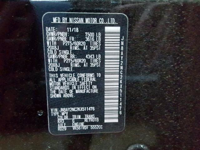 JN8AY2NC2KX511476 - 2019 NISSAN ARMADA SL BLACK photo 10