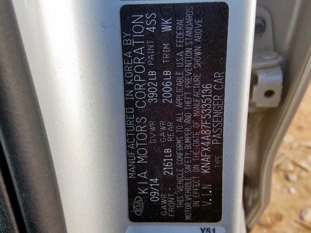 KNAFX4A87F5335136 - 2015 KIA FORTE EX SILVER photo 10