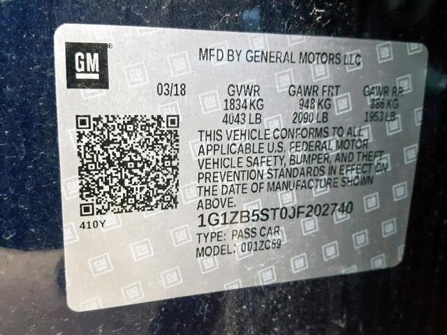 1G1ZB5ST0JF202740 - 2018 CHEVROLET MALIBU LS BLUE photo 10