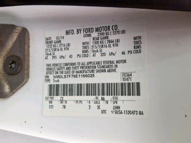 NM0LS7F76E1166025 - 2014 FORD TRANSIT CO WHITE photo 10