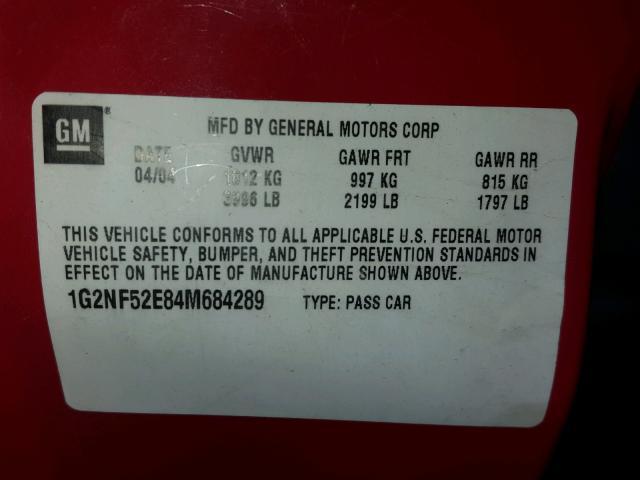 1G2NF52E84M684289 - 2004 PONTIAC GRAND AM S RED photo 10