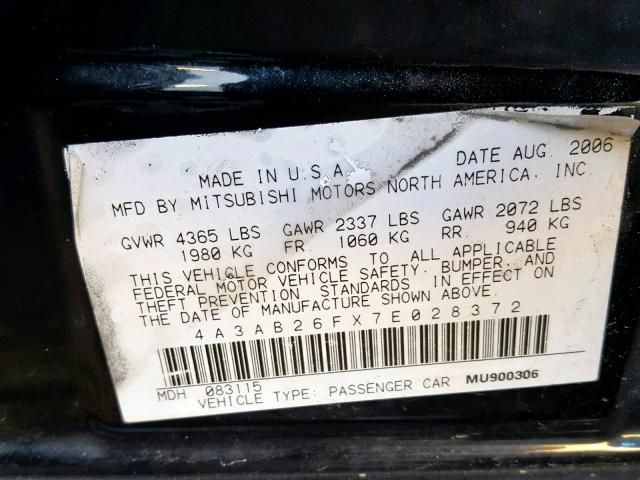 4A3AB26FX7E028372 - 2007 MITSUBISHI GALANT DE BLACK photo 10