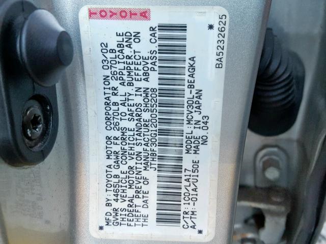 JTHBF30G120055208 - 2002 LEXUS ES 300 SILVER photo 10