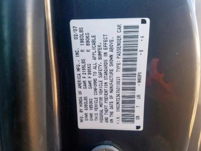 1HGCM72347A010621 - 2007 HONDA ACCORD LX GRAY photo 10