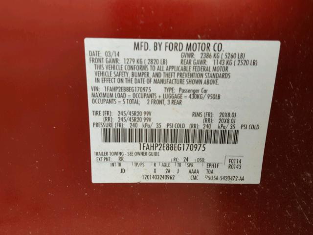 1FAHP2E88EG170975 - 2014 FORD TAURUS SEL RED photo 10