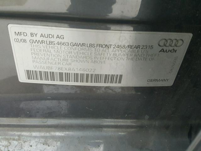 WAUBF78EX8A146022 - 2008 AUDI A4 S-LINE GRAY photo 10