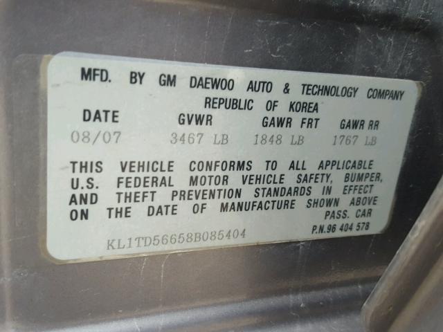 KL1TD56658B085404 - 2008 CHEVROLET AVEO BASE Сұр фото 10