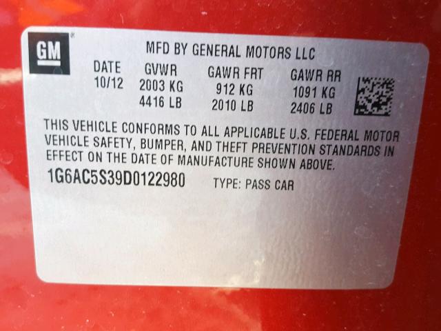 1G6AC5S39D0122980 - 2013 CADILLAC ATS PERFOR RED photo 10