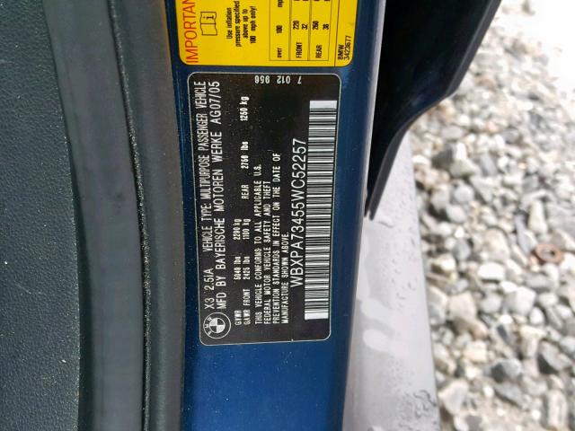 WBXPA73455WC52257 - 2005 BMW X3 2.5I BLUE photo 10