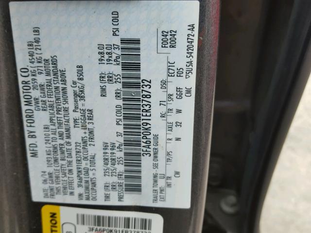 3FA6P0K91ER378732 - 2014 FORD FUSION TIT GRAY photo 10