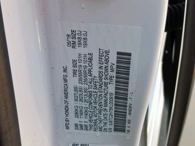 5J8TC2H75KL000919 - 2019 ACURA RDX WHITE photo 10