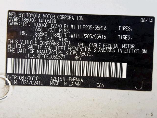 JTLZE4FE0EJ060577 - 2014 TOYOTA SCION XB WHITE photo 10