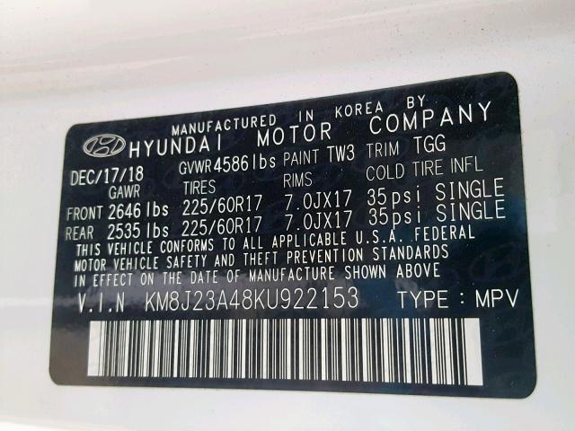 KM8J23A48KU922153 - 2019 HYUNDAI TUCSON SE WHITE photo 10