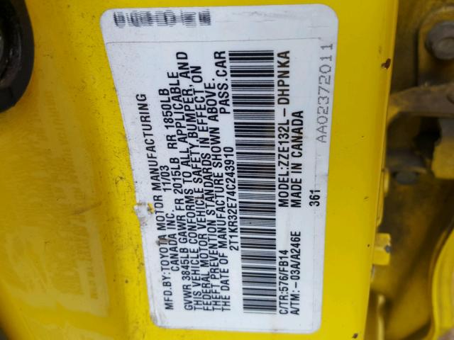 2T1KR32E74C243910 - 2004 TOYOTA MATRIX 黄色 照片 10