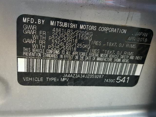 JA4AZ3A34JZ059287 - 2018 MITSUBISHI OUTLANDER GRAY photo 10