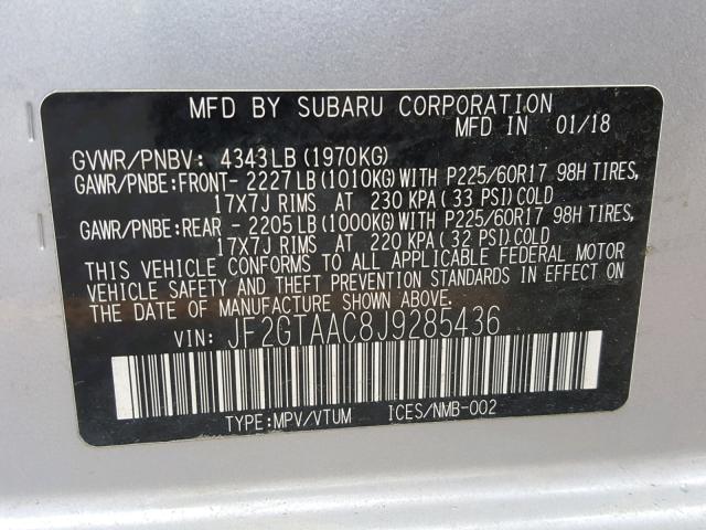 JF2GTAAC8J9285436 - 2018 SUBARU CROSSTREK SILVER photo 10