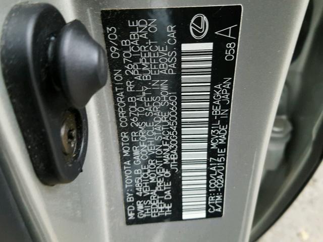 JTHBA30G545006601 - 2004 LEXUS ES 330 SILVER photo 10