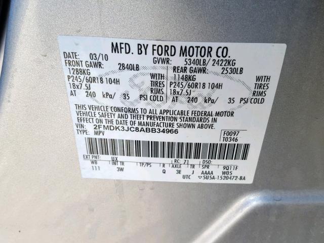 2FMDK3JC8ABB34966 - 2010 FORD EDGE SEL SILVER photo 10