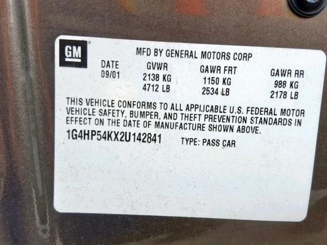 1G4HP54KX2U142841 - 2002 BUICK LESABRE CU BEIGE photo 10