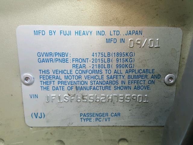 JF1SF65562H735901 - 2002 SUBARU FORESTER S GREEN photo 10