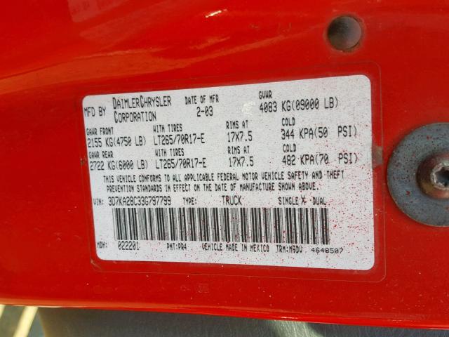 3D7KA28C33G797799 - 2003 DODGE RAM 2500 S Կարմիր լուսանկար 10