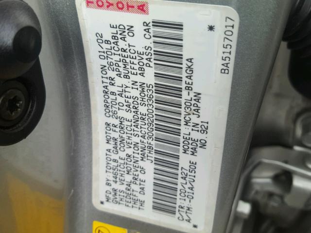 JTHBF30G920033635 - 2002 LEXUS ES 300 SILVER photo 10