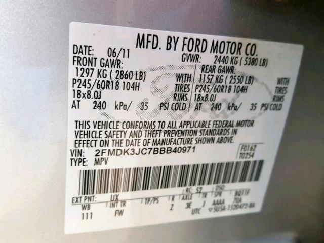 2FMDK3JC7BBB40971 - 2011 FORD EDGE SEL SILVER photo 10