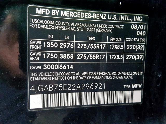 4JGAB75E22A296921 - 2002 MERCEDES-BENZ ML 500 BLACK photo 10