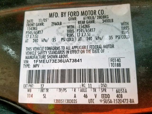 1FMEU73E36UA73841 - 2006 FORD EXPLORER X GRAY photo 10