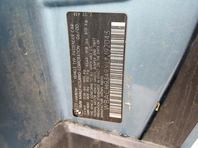 WBACH9349YLM92043 - 2000 BMW Z3 2.3 BLUE photo 10