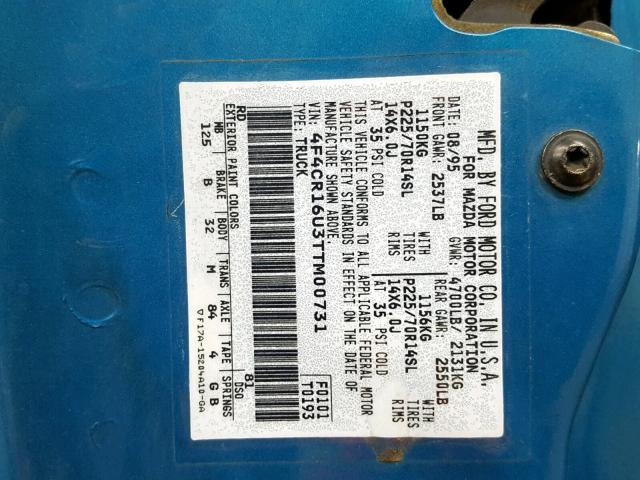 4F4CR16U3TTM00731 - 1996 MAZDA B3000 CAB BLUE photo 10