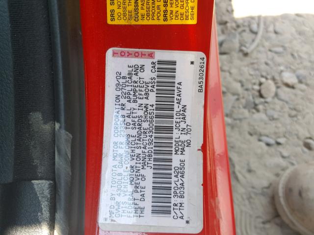 JTHBD192430066514 - 2003 LEXUS IS 300 RED photo 10