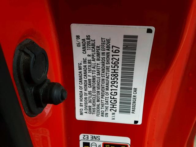 2HGFG12958H562167 - 2008 HONDA CIVIC EXL RED photo 10