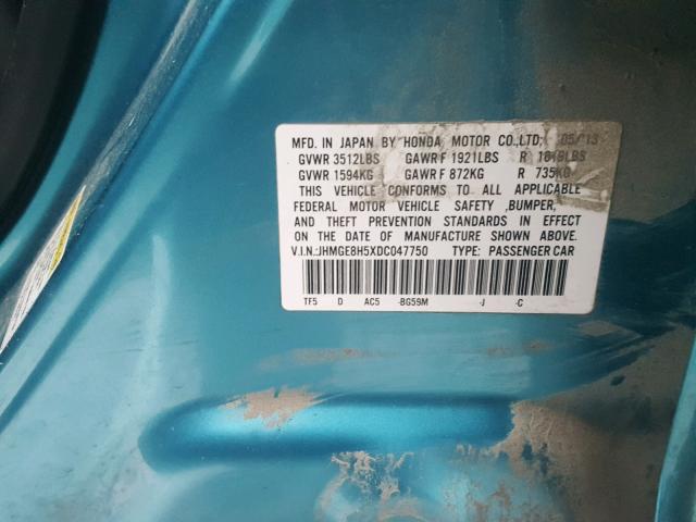 JHMGE8H5XDC047750 - 2013 HONDA FIT SPORT TEAL photo 10