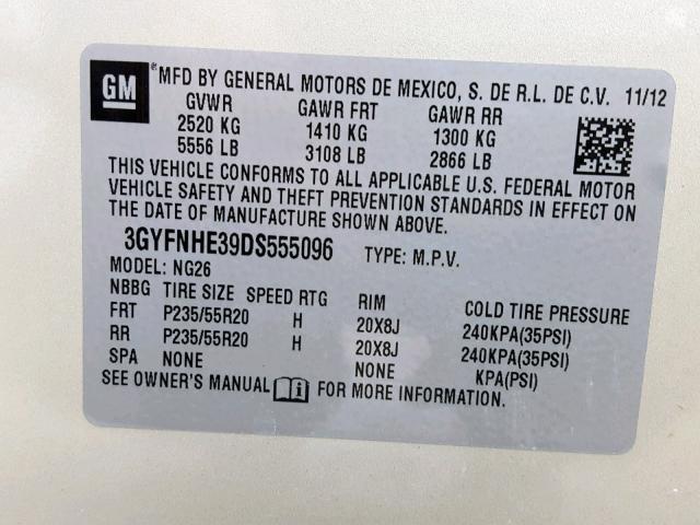 3GYFNHE39DS555096 - 2013 CADILLAC SRX PERFOR GOLD photo 10