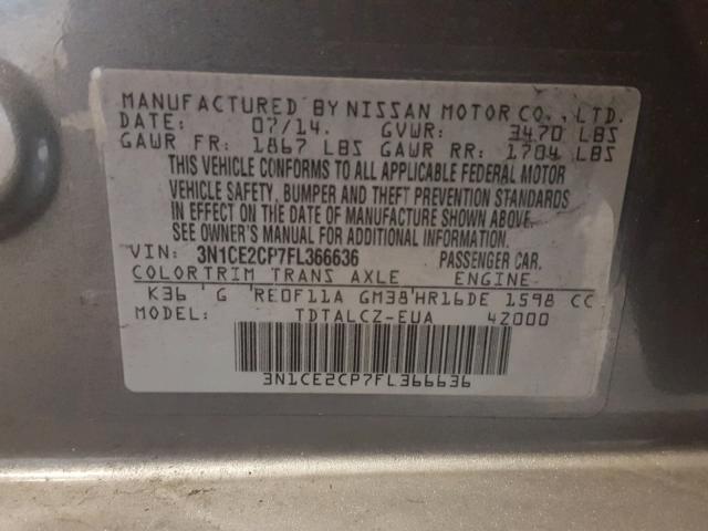 3N1CE2CP7FL366636 - 2015 NISSAN VERSA NOTE SILVER photo 10