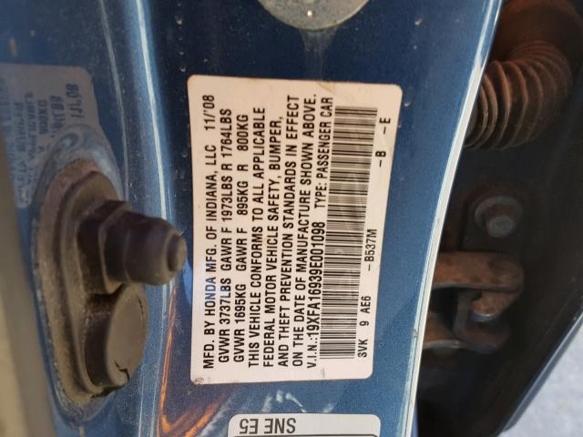 19XFA16939E001098 - 2009 HONDA CIVIC EXL BLUE photo 10