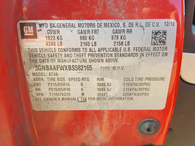 3GNBAAFWXBS582165 - 2011 CHEVROLET HHR LS RED photo 10