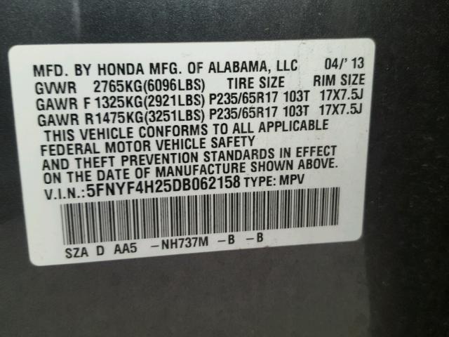 5FNYF4H25DB062158 - 2013 HONDA PILOT LX GRAY photo 10