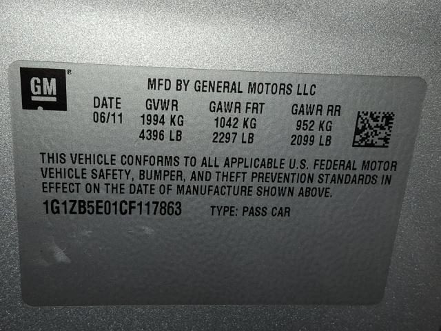 1G1ZB5E01CF117863 - 2012 CHEVROLET MALIBU LS 银色 照片 10