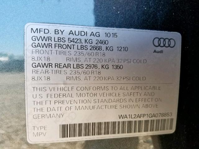 WA1L2AFP1GA078853 - 2016 AUDI Q5 PREMIUM GRAY photo 10