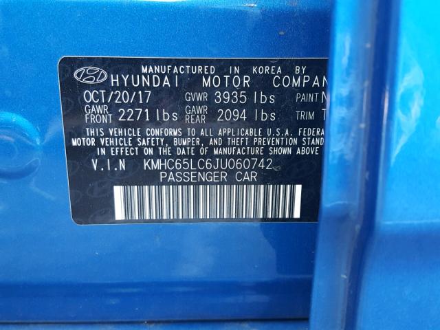 KMHC65LC6JU060742 - 2018 HYUNDAI IONIQ BLUE BLUE photo 10