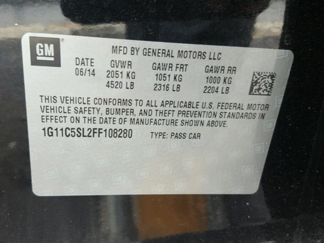 1G11C5SL2FF108280 - 2015 CHEVROLET MALIBU 1LT BLACK photo 10